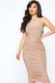 Perfectly Polished Ruched Midi Dress - Mocha