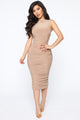 Perfectly Polished Ruched Midi Dress - Mocha